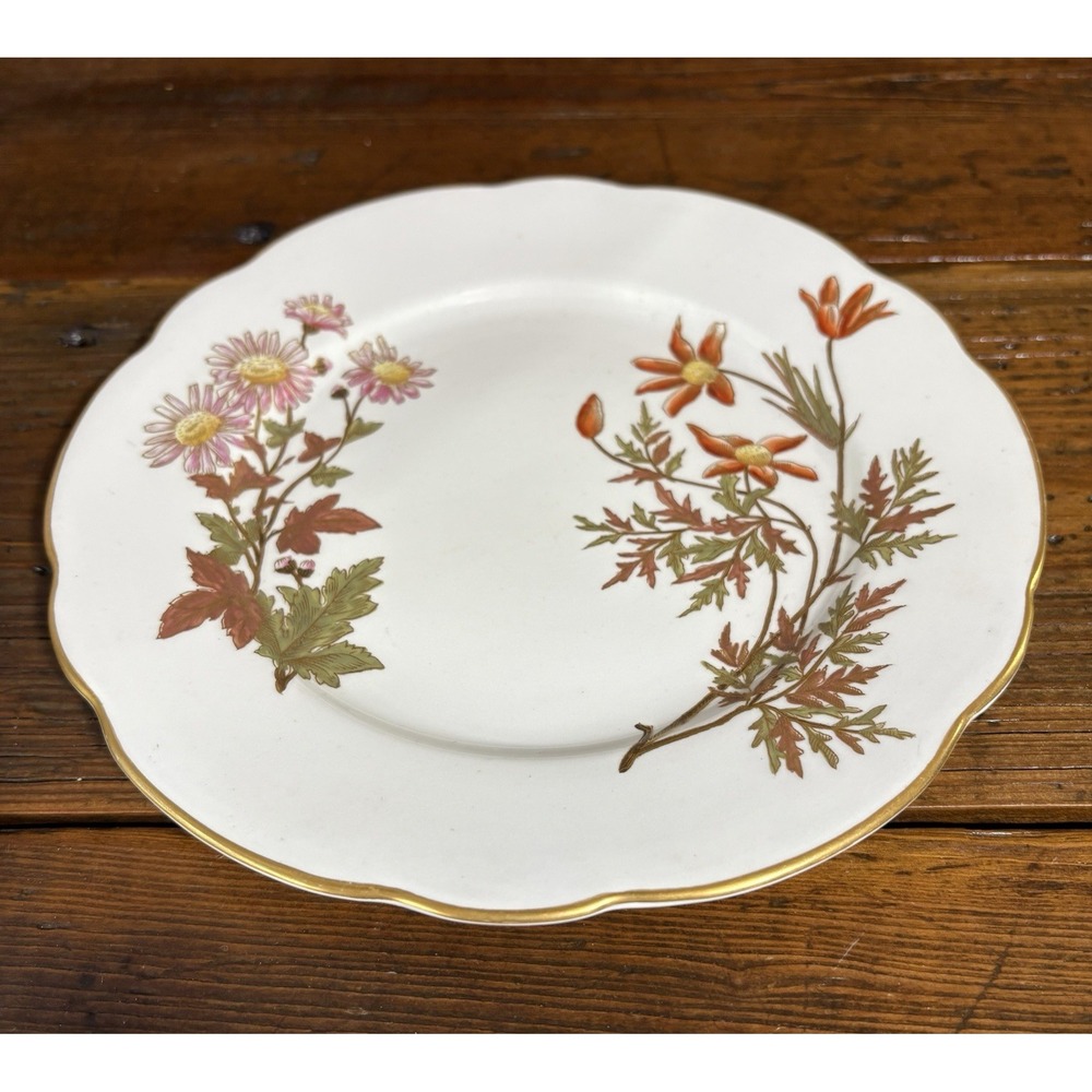 Royal Worcester Plate 8.5 Inch Pink Orange Floral Scalloped Gold rim  C. 1890